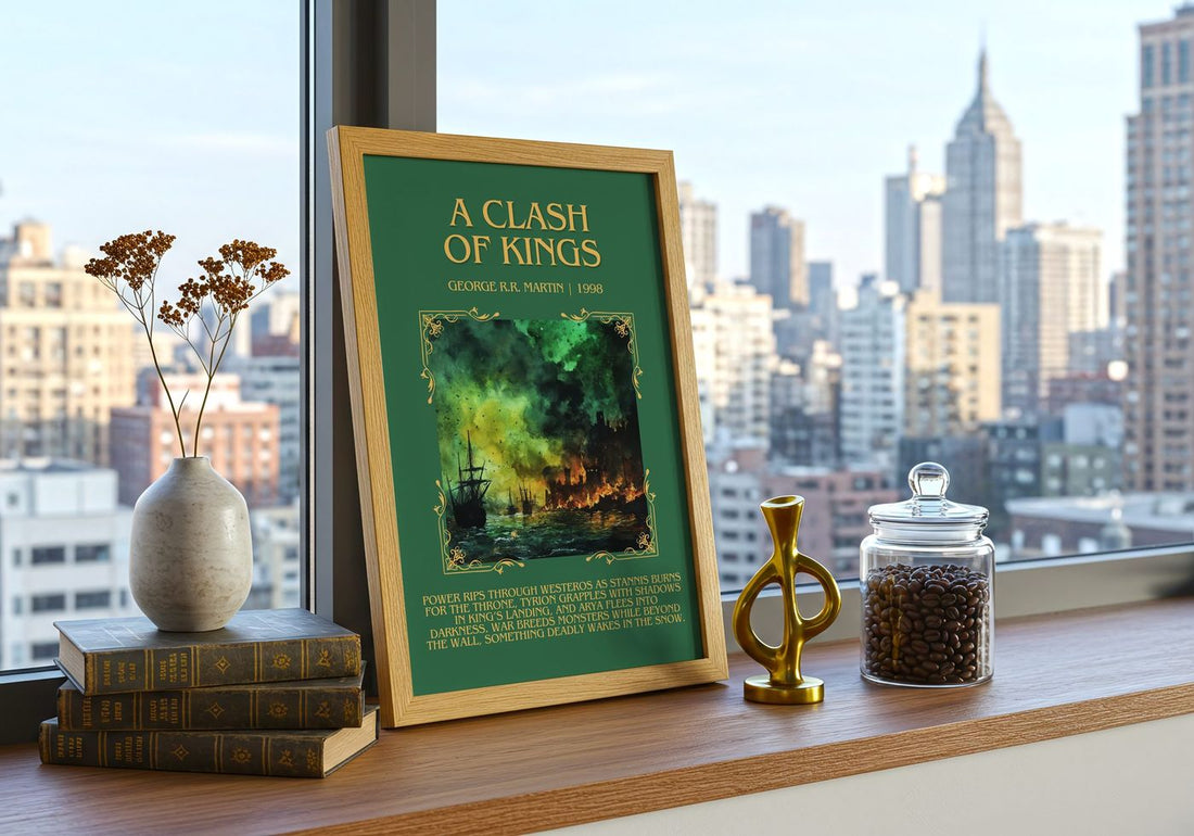 A Clash of Kings Minimalist Book Poster by George R. R. Martin – framed print on a city-view windowsill
