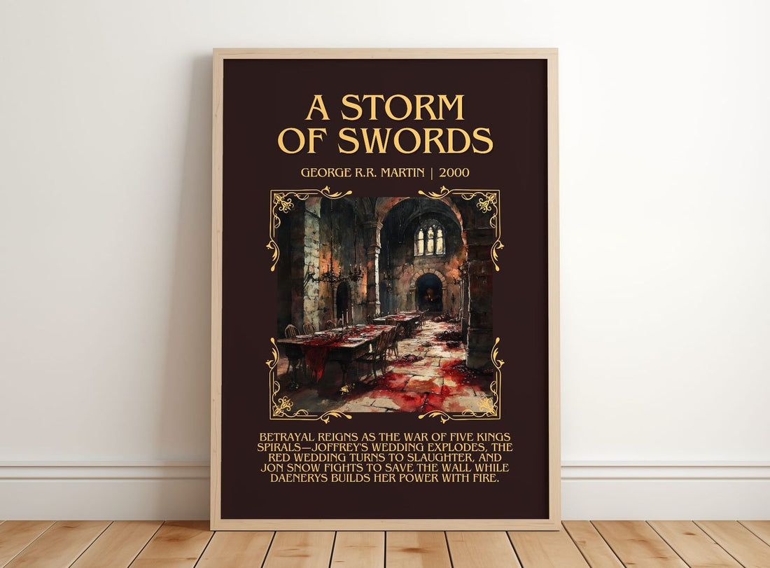 A Storm of Swords Minimalist Book Poster by George R. R. Martin – framed print leaning on a wooden floor