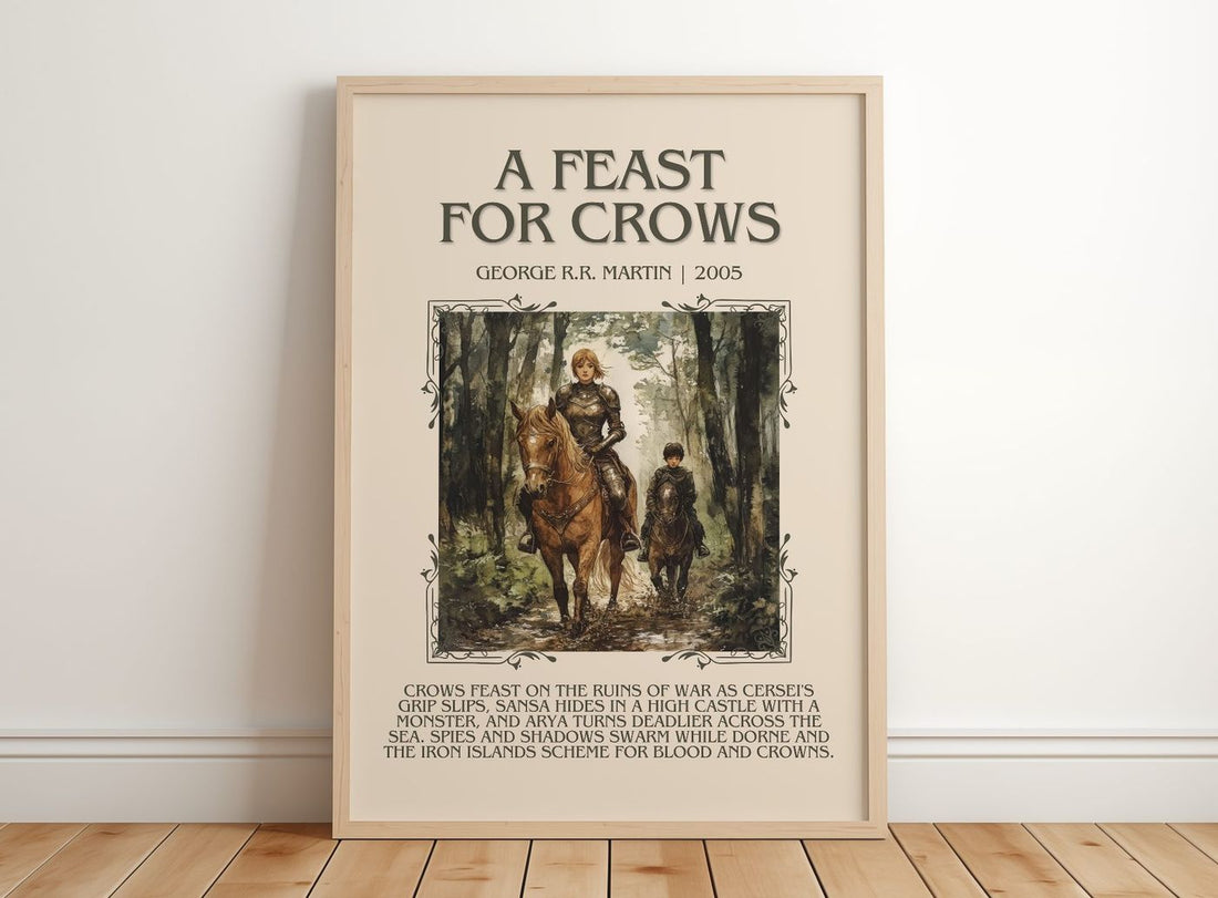 A Feast For Crows Minimalist Book Poster by George R.R. Martin – framed print leaning on a wooden floor