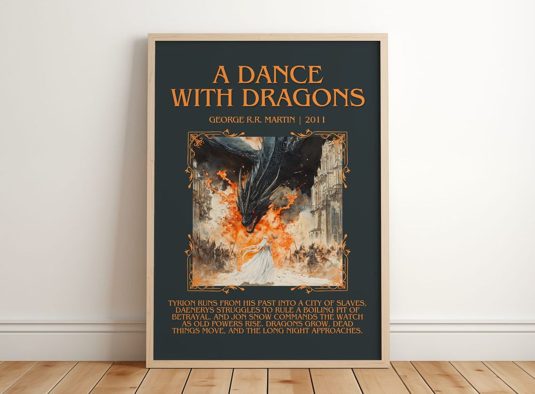 A Dance With Dragons Minimalist Book Poster by George R.R. Martin – framed print leaning on a wooden floor