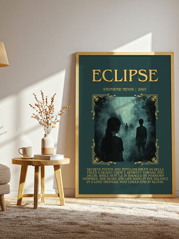 Eclipse minimalist print in frame leaning in hallway – young adult wall art