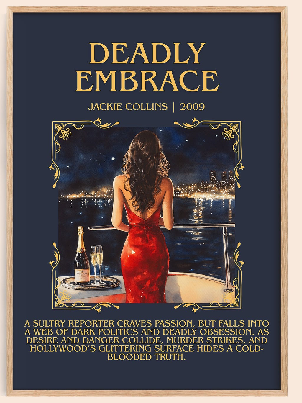 Deadly Embrace minimalist book poster by Jackie Collins – framed literary art print