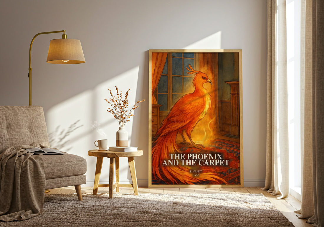 The Phoenix And The Carpet watercolour print in frame leaning in hallway – childrens wall art (mockup)