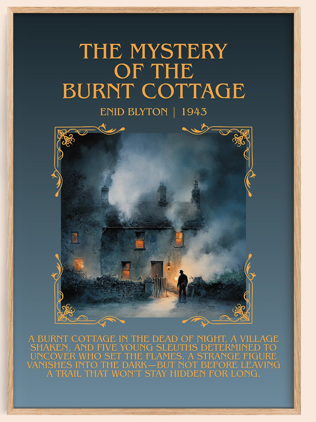 The Mystery of the Burnt Cottage minimalist book poster by Enid Blyton – framed literary art print