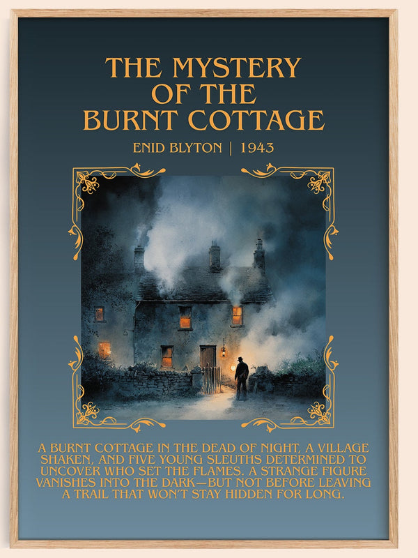 The Mystery of the Burnt Cottage minimalist book poster by Enid Blyton – framed literary art print
