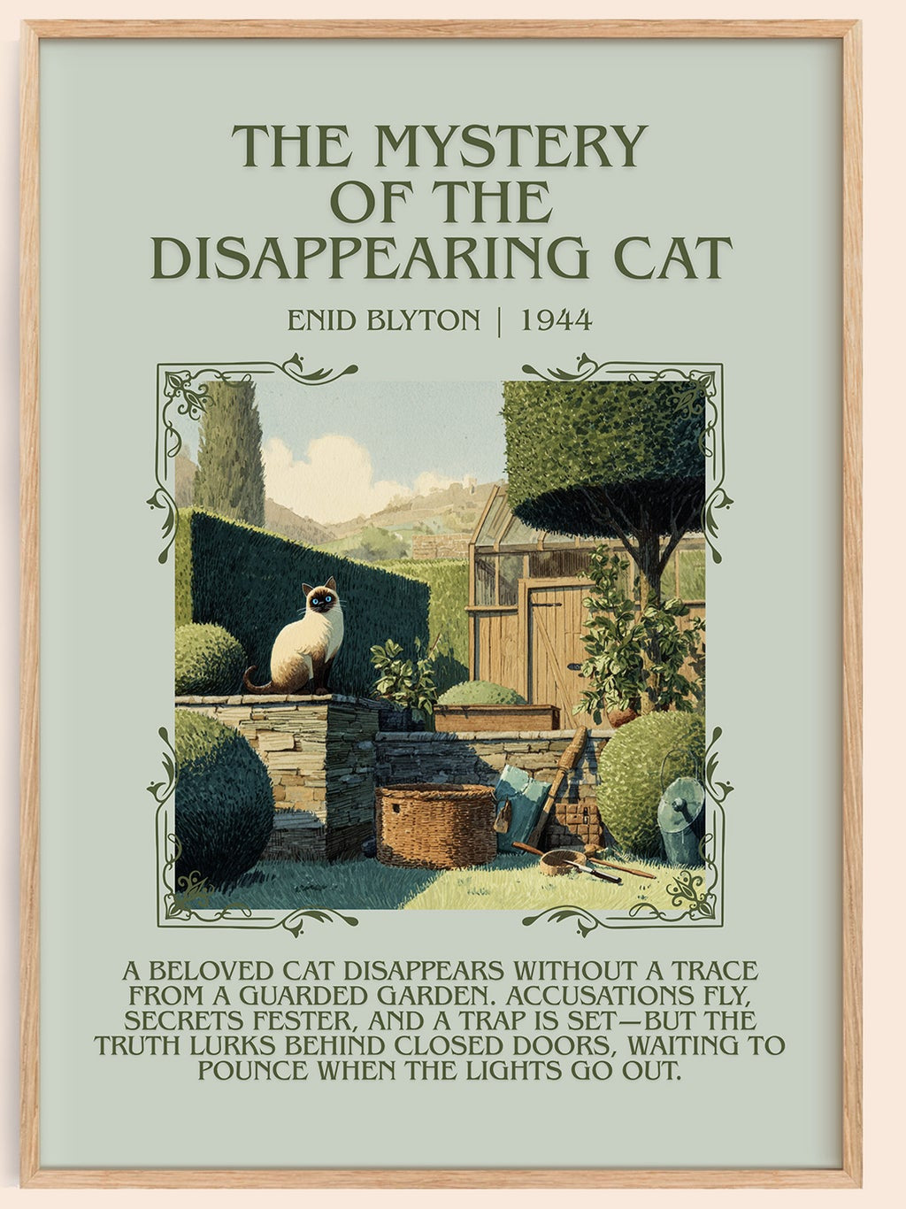 The Mystery of the Disappearing Cat minimalist book poster by Enid Blyton – framed literary art print