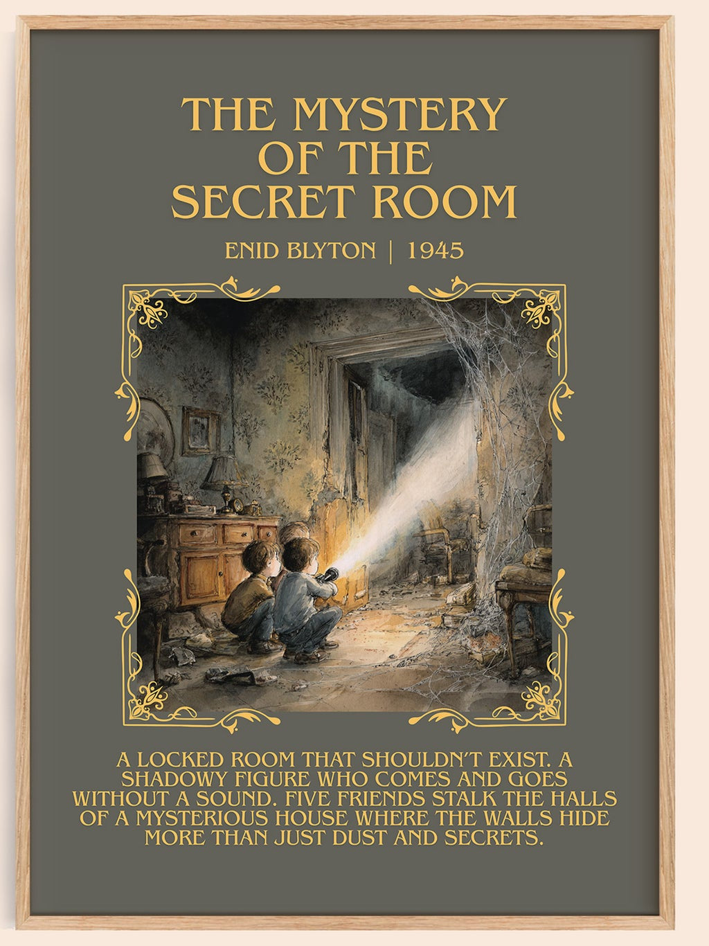 The mystery of the secret room minimalist book poster by Enid Blyton – framed literary art print