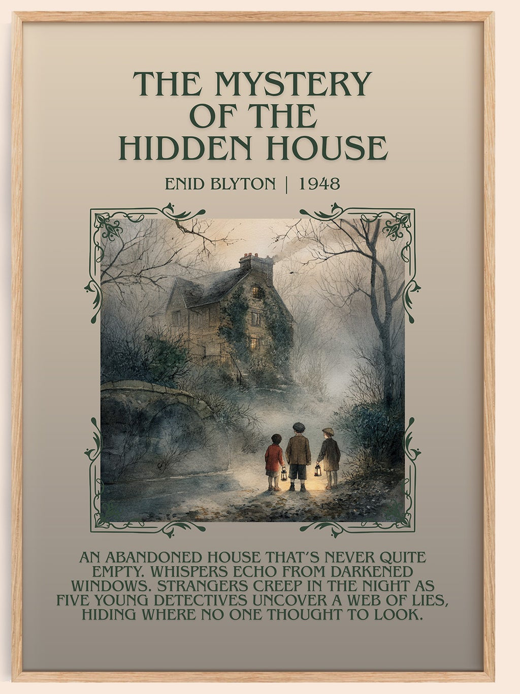 The Mystery Of The Hidden House minimalist book poster by Enid Blyton – framed literary art print