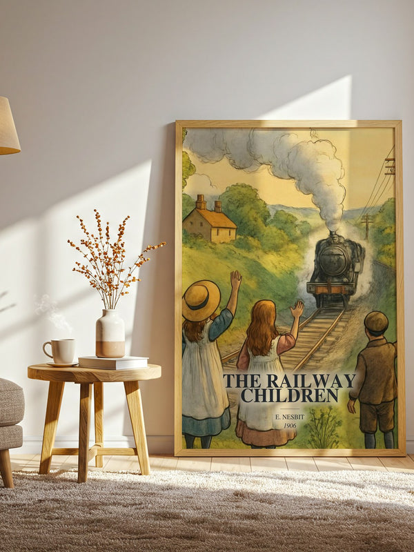 The Railway Children watercolour print in frame leaning in hallway – childrens wall art