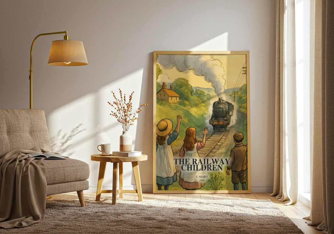 The Railway Children watercolour print in frame leaning in hallway – childrens wall art (mockup)