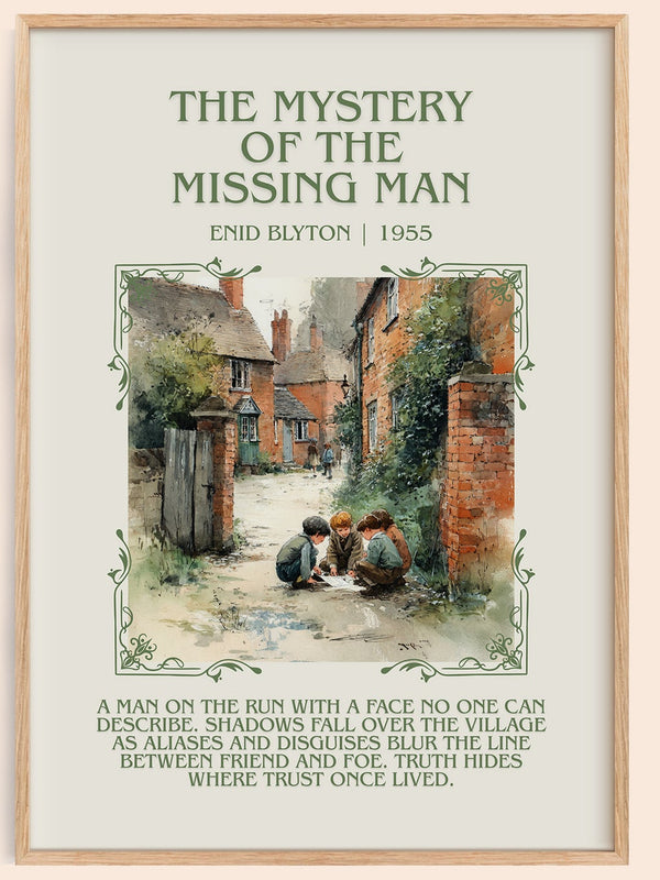 The Mystery Of The Missing Man minimalist book poster by Enid Blyton – framed literary art print