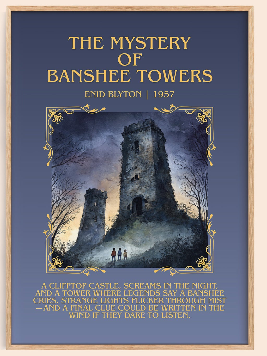 The Mystery Of Banshee Towers minimalist book poster by Enid Blyton – framed literary art print