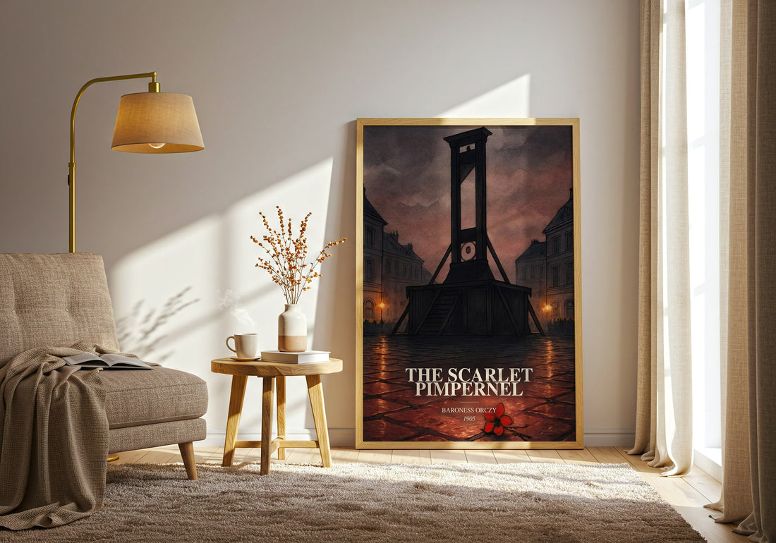 The Scarlet Pimpernel watercolour print in frame leaning in hallway – adventure wall art (mockup)