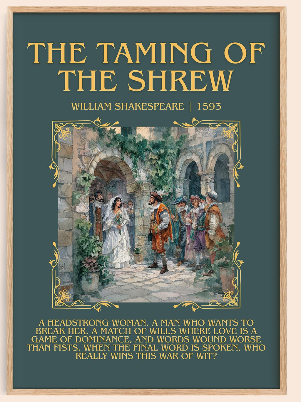 The Taming of the Shrew minimalist book poster by William Shakespeare – framed literary art print