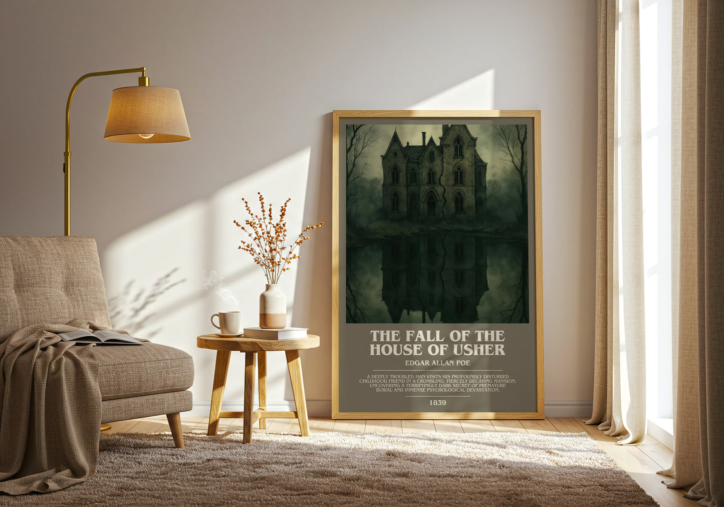 The Fall Of The House Of Usher bookish print on bookshelf – Edgar Allan Poe fan gift