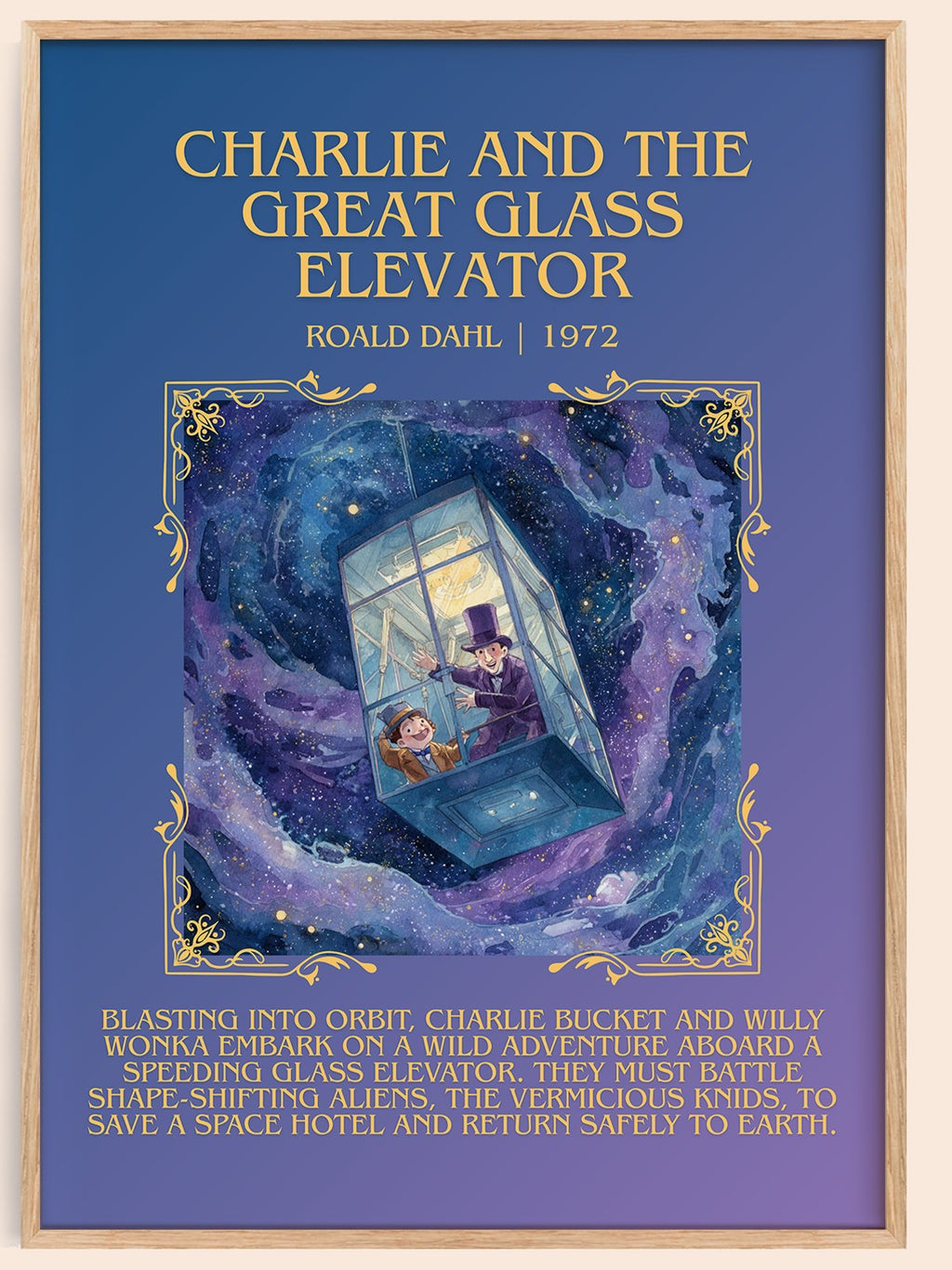 Charlie and the Great Glass Elevator minimalist book poster by Roald Dahl – framed literary art print