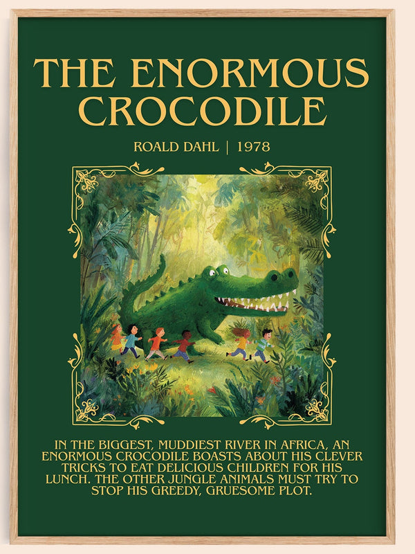 The Enormous Crocodile minimalist book poster by Roald Dahl – framed literary art print