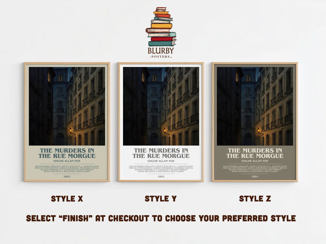 The Murders In The Rue Morgue bookish print in frame leaning in hallway – mystery wall art (mockup)