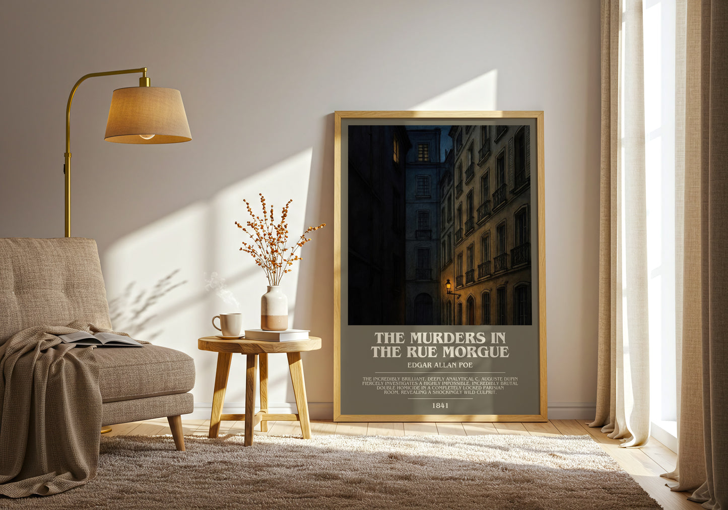 The Murders In The Rue Morgue bookish print on bookshelf – Edgar Allan Poe fan gift