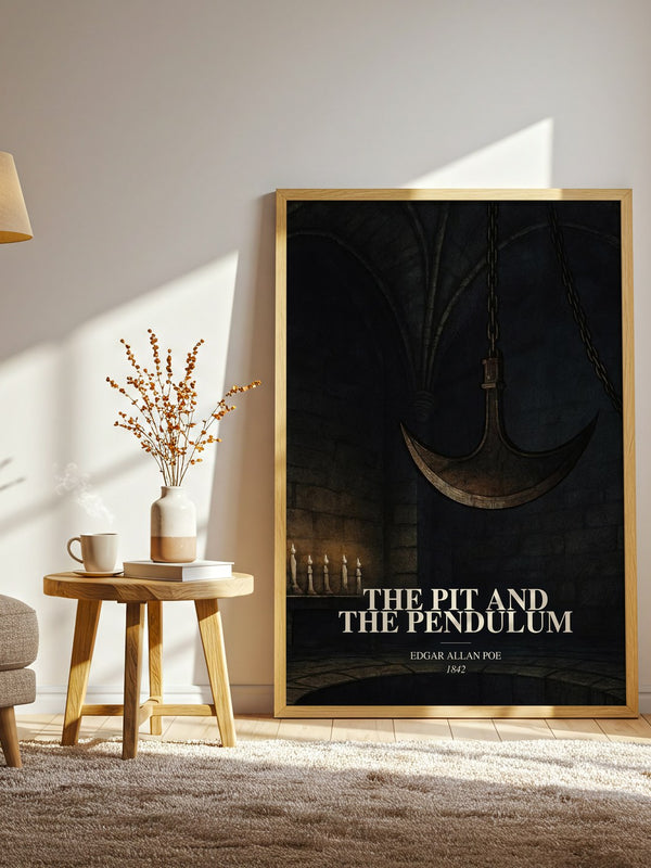 The Pit And The Pendulum watercolour print in frame leaning in hallway – horror wall art