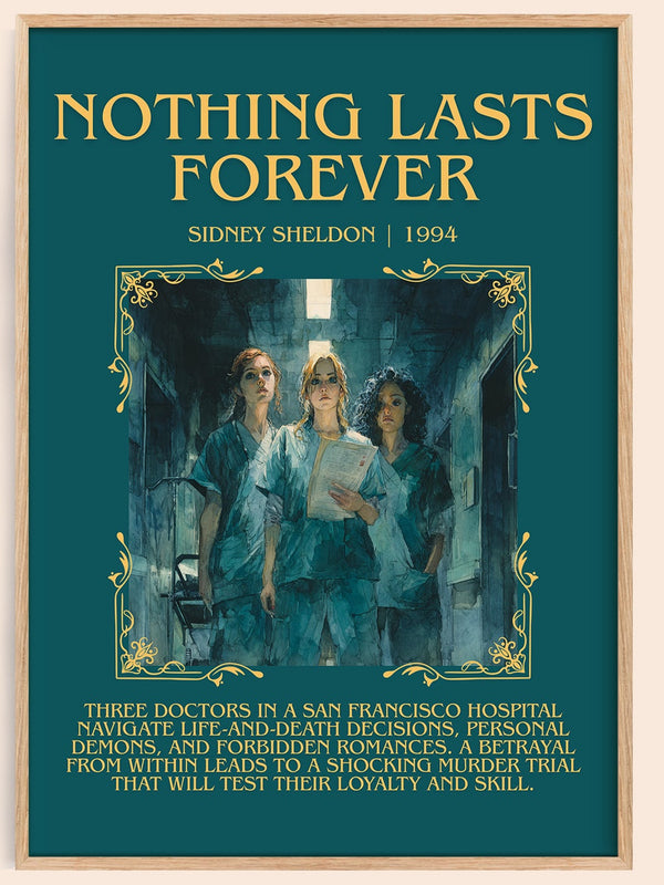 Nothing Lasts Forever minimalist book poster by Sidney Sheldon – framed literary art print