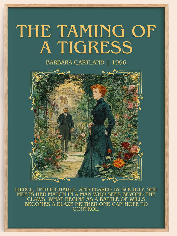 The Taming of a Tigress minimalist book poster by Barbara Cartland – framed literary art print