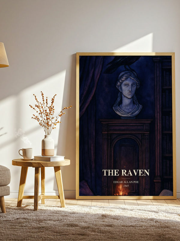 The Raven watercolour print in frame leaning in hallway – poetry wall art