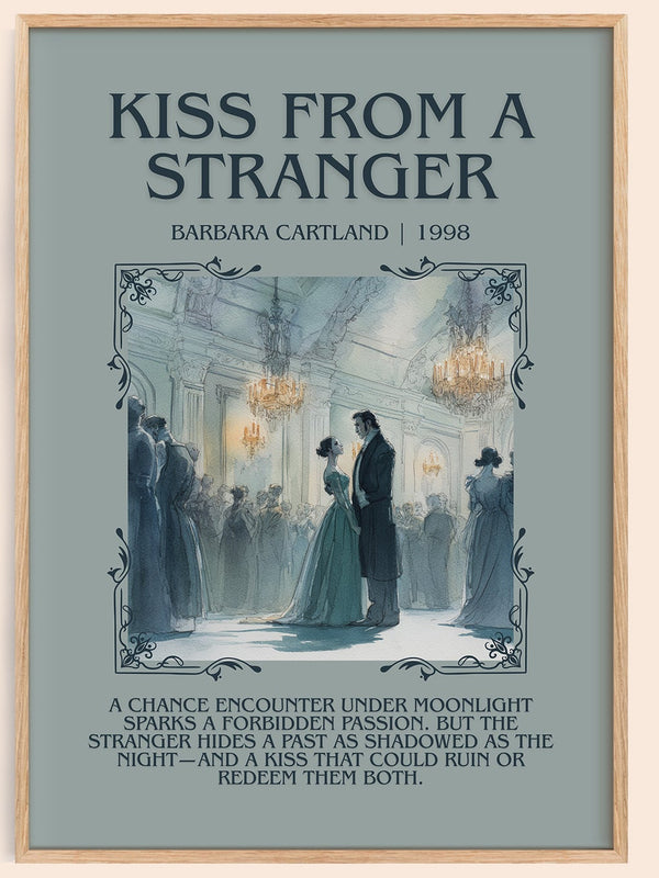 Kiss from a Stranger minimalist book poster by Barbara Cartland – framed literary art print