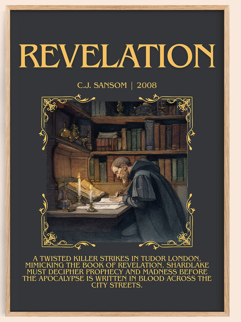 Revelation minimalist book poster by C.J. Sansom – framed literary art print