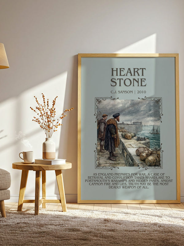 Heartstone minimalist print in frame leaning in hallway – historical fiction wall art