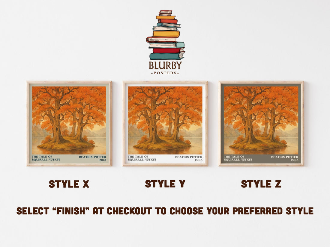The Tale Of Squirrel Nutkin literary print in frame leaning in hallway – childrens wall art (mockup)