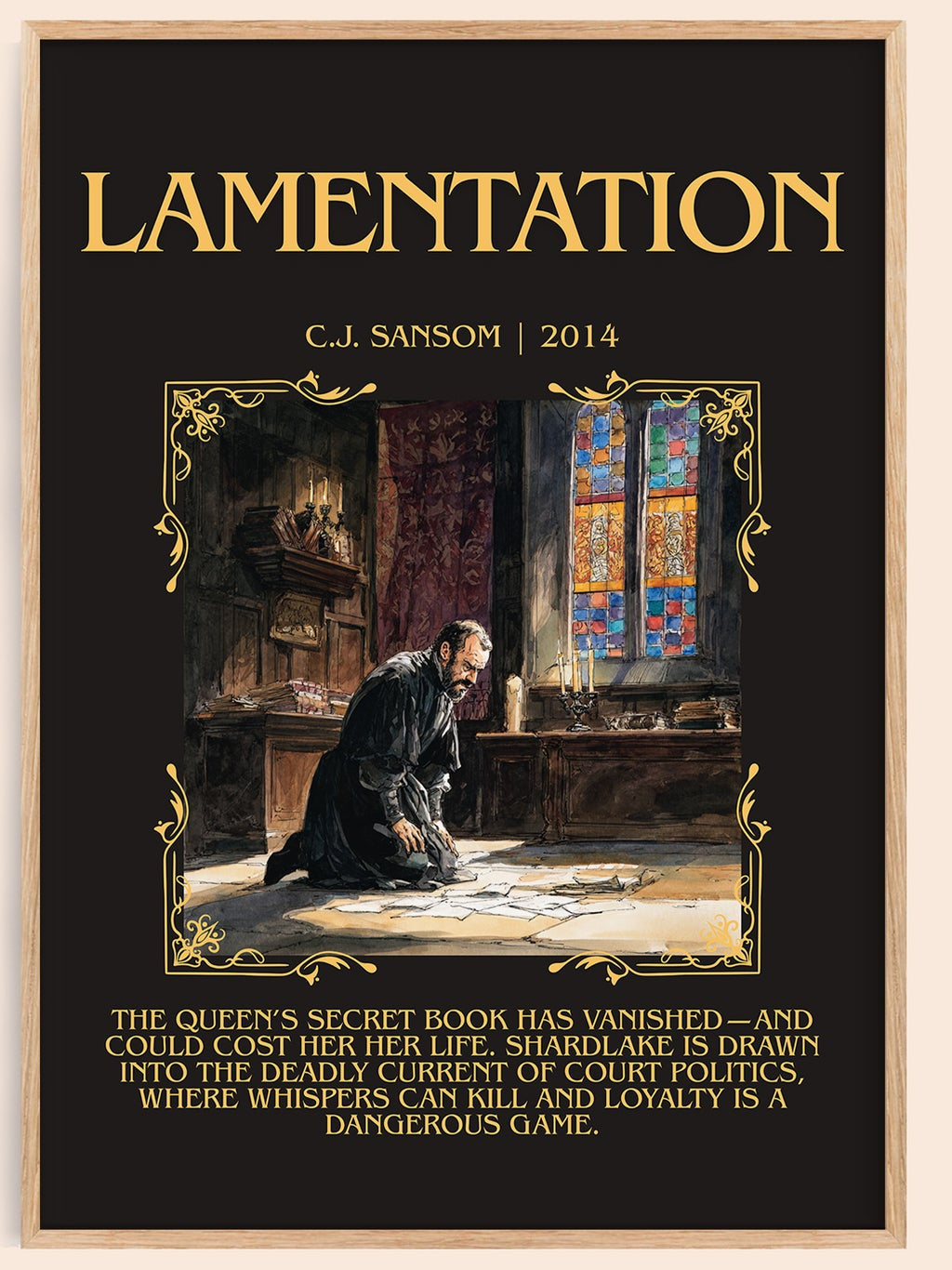 Lamentation minimalist book poster by C.J. Sansom – framed literary art print
