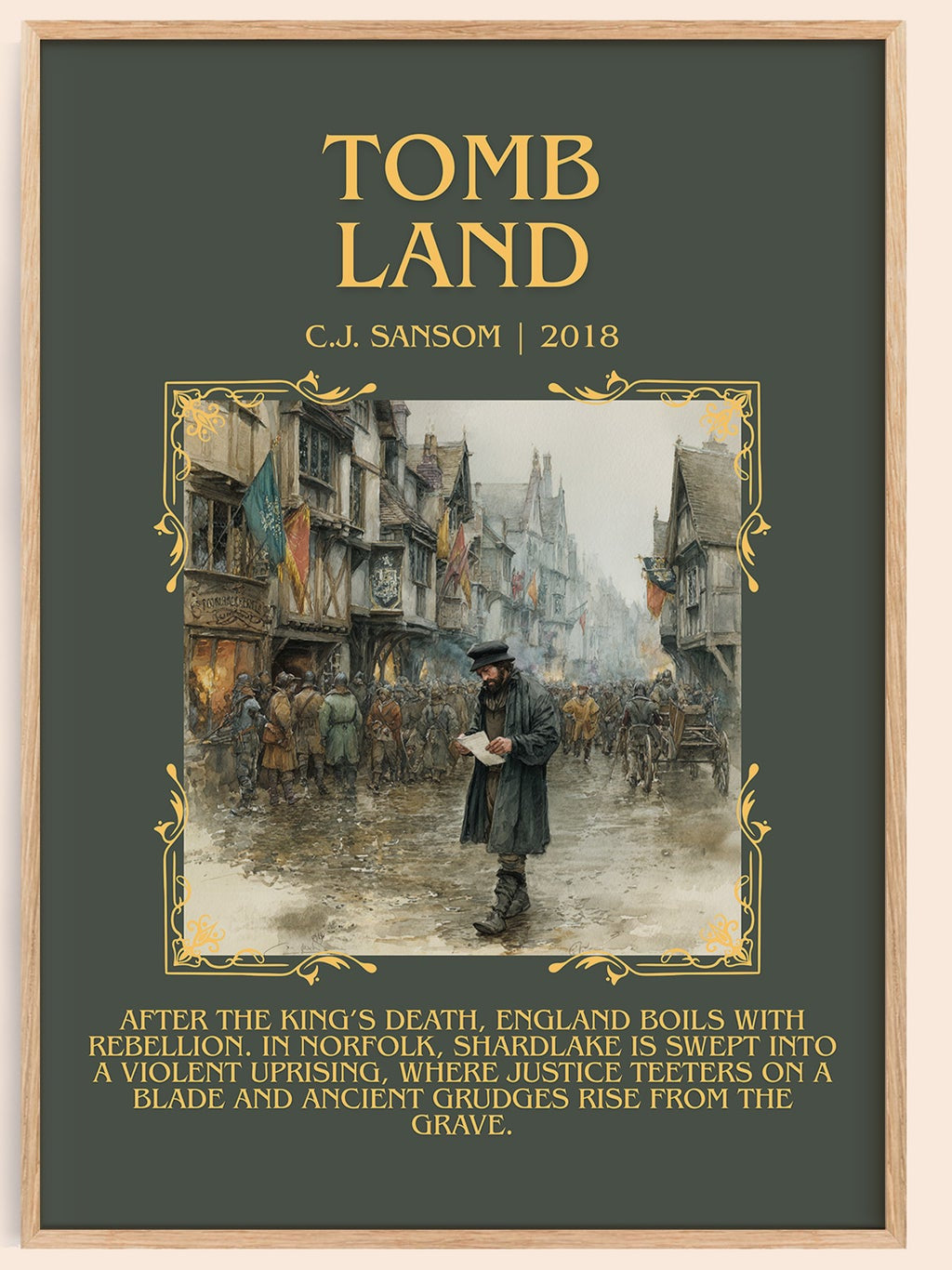 Tombland minimalist book poster by C.J. Sansom – framed literary art print