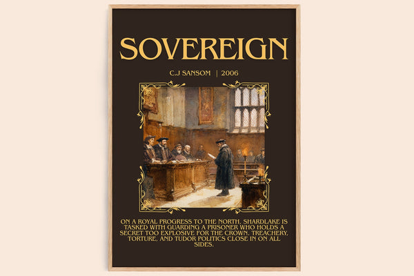 Sovereign minimalist book poster by C.J Sansom – framed literary art print