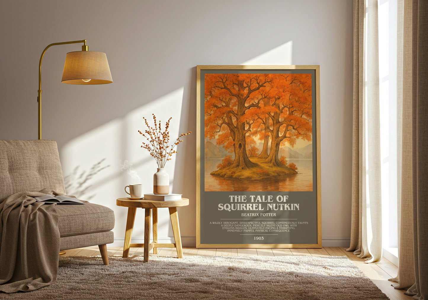 The Tale Of Squirrel Nutkin bookish print on bookshelf – Beatrix Potter fan gift