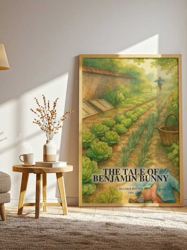 The Tale Of Benjamin Bunny watercolour print in frame leaning in hallway – childrens wall art