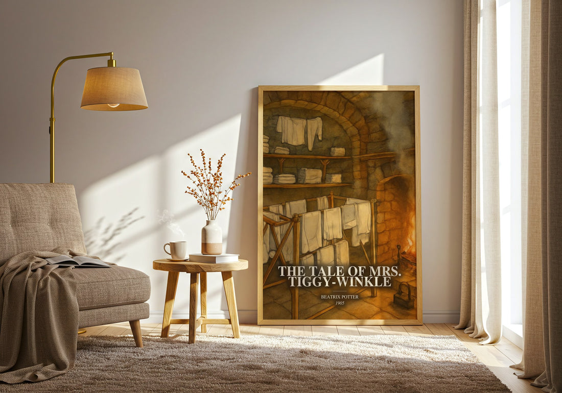 The Tale Of Mrs. Tiggy-Winkle watercolour print in frame leaning in hallway – childrens wall art (mockup)