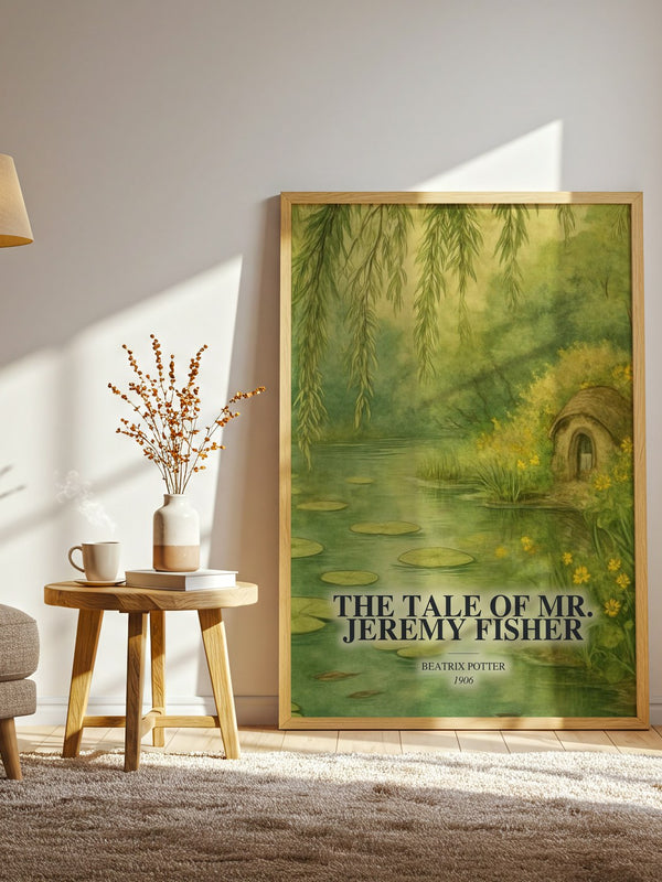 The Tale Of Mr. Jeremy Fisher watercolour print in frame leaning in hallway – childrens wall art