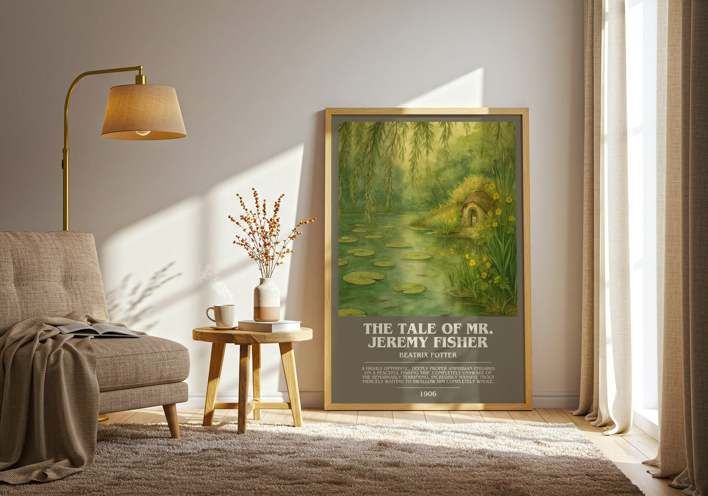 The Tale Of Mr. Jeremy Fisher bookish print on bookshelf – Beatrix Potter fan gift