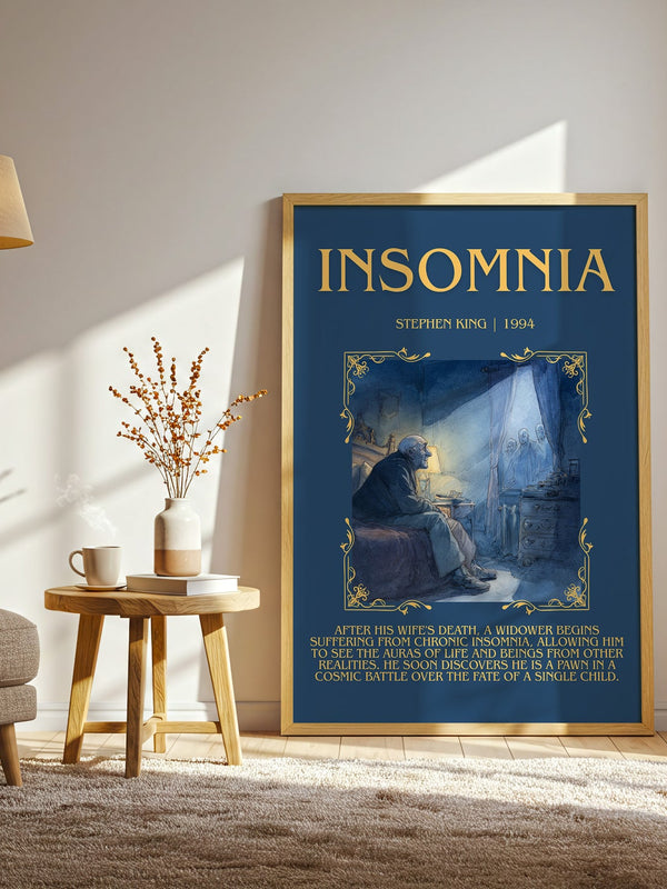 Insomnia minimalist print in frame leaning in hallway – horror wall art