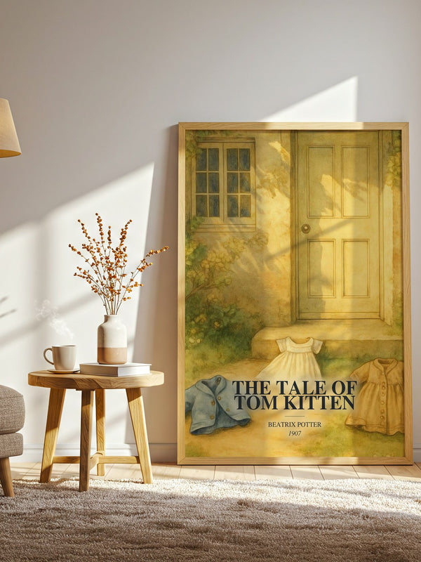 The Tale Of Tom Kitten watercolour print in frame leaning in hallway – childrens wall art