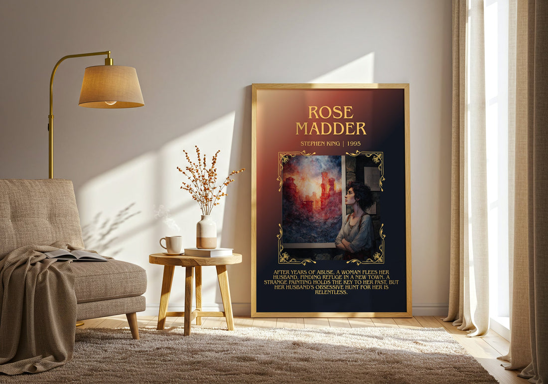 Rose Madder minimalist print in frame leaning in hallway – horror wall art (mockup)