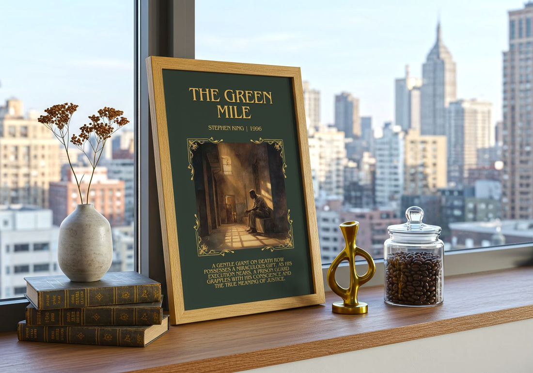The Green Mile Minimalist Book Poster by Stephen King – framed print on a city-view windowsill