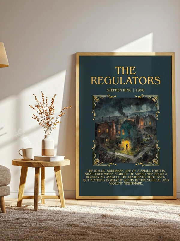 The Regulators minimalist print in frame leaning in hallway – horror wall art