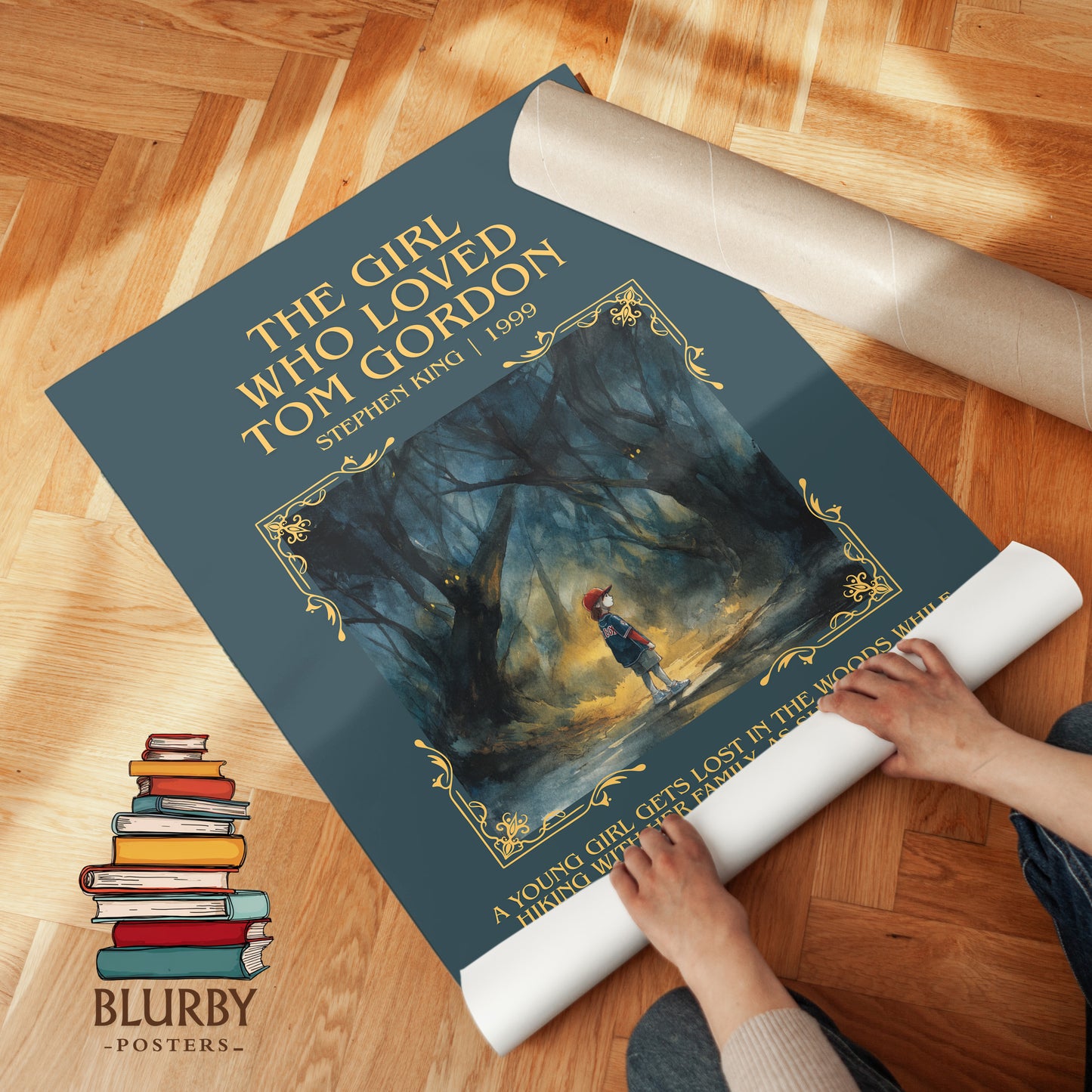 The Girl Who Loved Tom Gordon minimalist print on bookshelf – Stephen King fan gift
