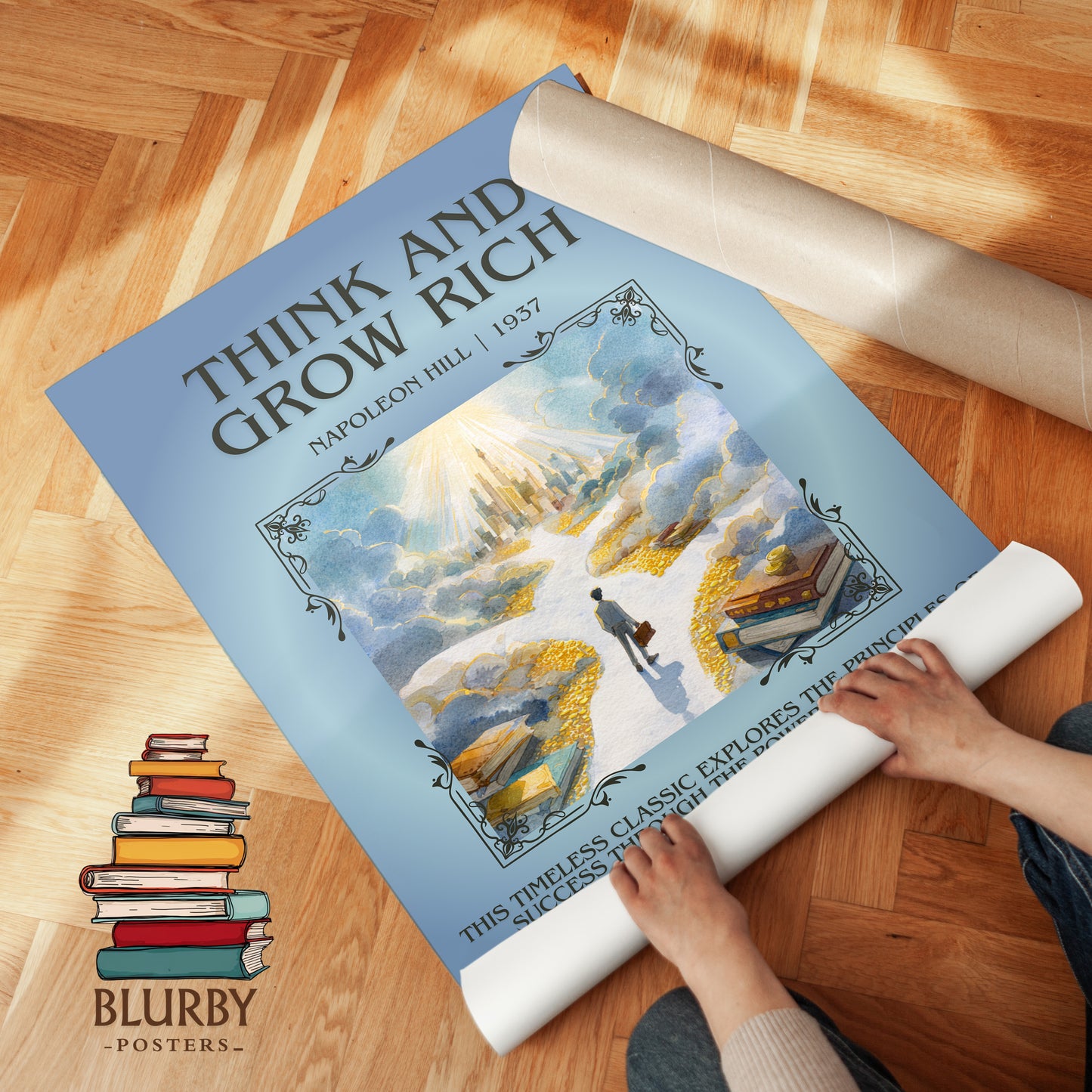 Think and Grow Rich minimalist print on bookshelf – Napoleon Hill fan gift
