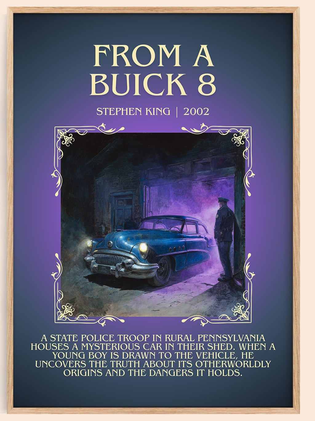 From a Buick 8 minimalist book poster by Stephen King – framed literary art print