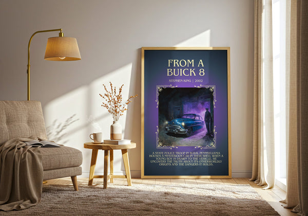 From a Buick 8 minimalist print in frame leaning in hallway – horror wall art