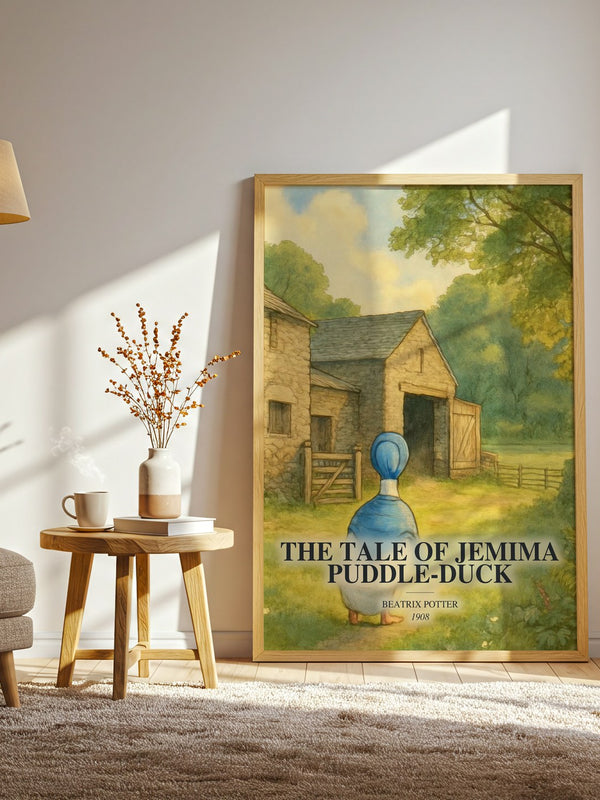 The Tale Of Jemima Puddle-Duck watercolour print in frame leaning in hallway – childrens wall art