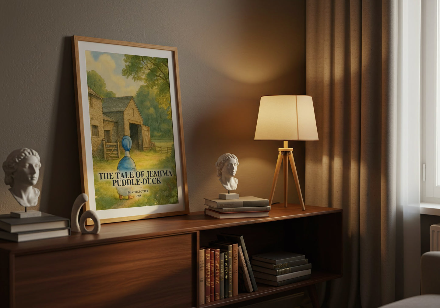 The Tale Of Jemima Puddle-Duck watercolour print on bookshelf – Beatrix Potter fan gift